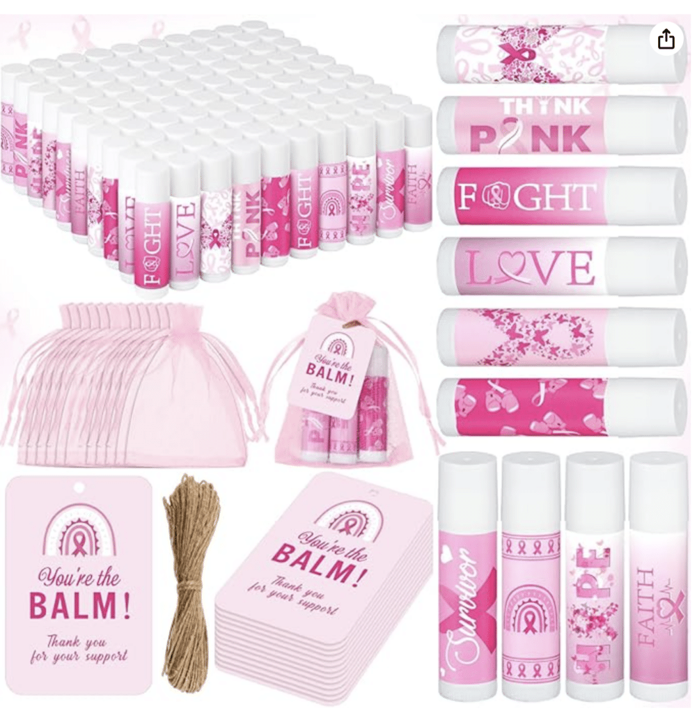 100 Set Pink Ribbon Breast Cancer Awareness Gifts Bulk, 100 Lip Balms, 100 Organza Gift Bags and 100 Tags Perfect for Charity Events, Survivors Awareness Campaigns